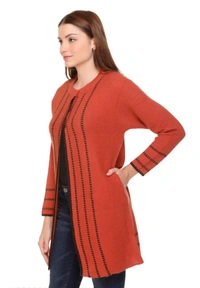 CLAPTON Women Round Neck Rust Full Sleeve  With Pocket Wool Cardigan (Outer Long) - M, Rust, Wool, Pack of1